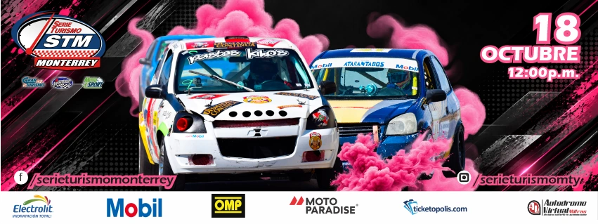 Cartel oficial de Serie Turismo Monterrey del 18 de octubre a las 12:00, con autos de competencia y patrocinadores